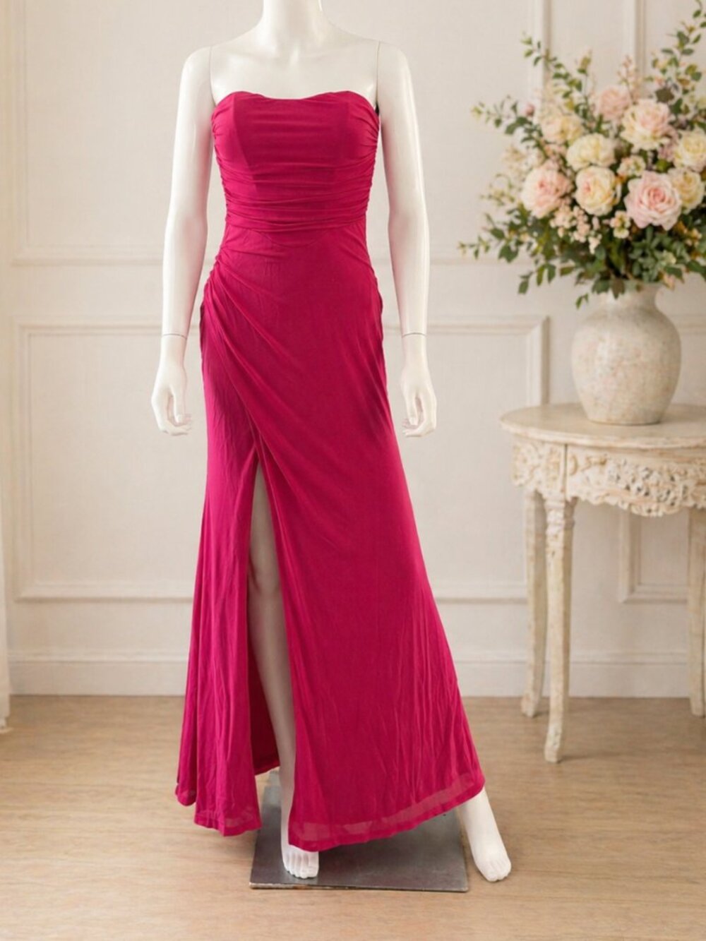 Lulus Pink Strapless Ruched Maxi Gown NWT Size S Formal Wedding Guest Slit Dress